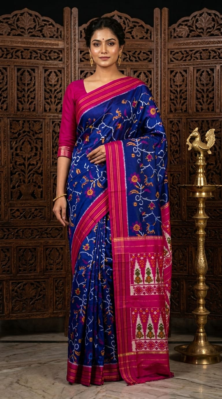 Royal Blue Barista Soft Silks Saree with Pink Traditional Printed Pallu | Premium Collection