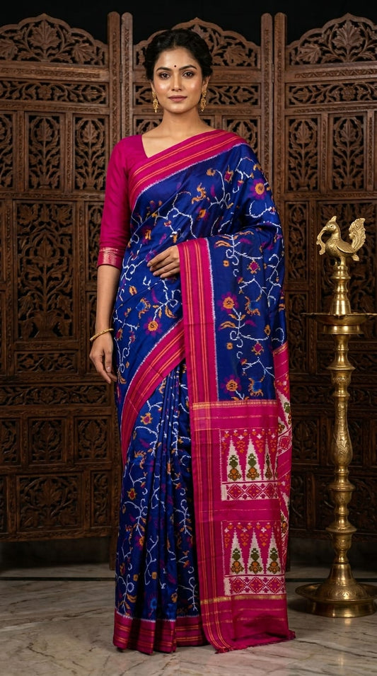 Royal Blue Barista Soft Silks Saree with Pink Traditional Printed Pallu | Premium Collection