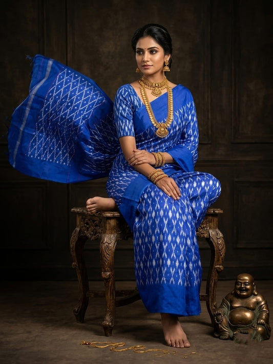Royal Blue Barista Soft Silks Saree with White Ikat Pattern | Premium Collection