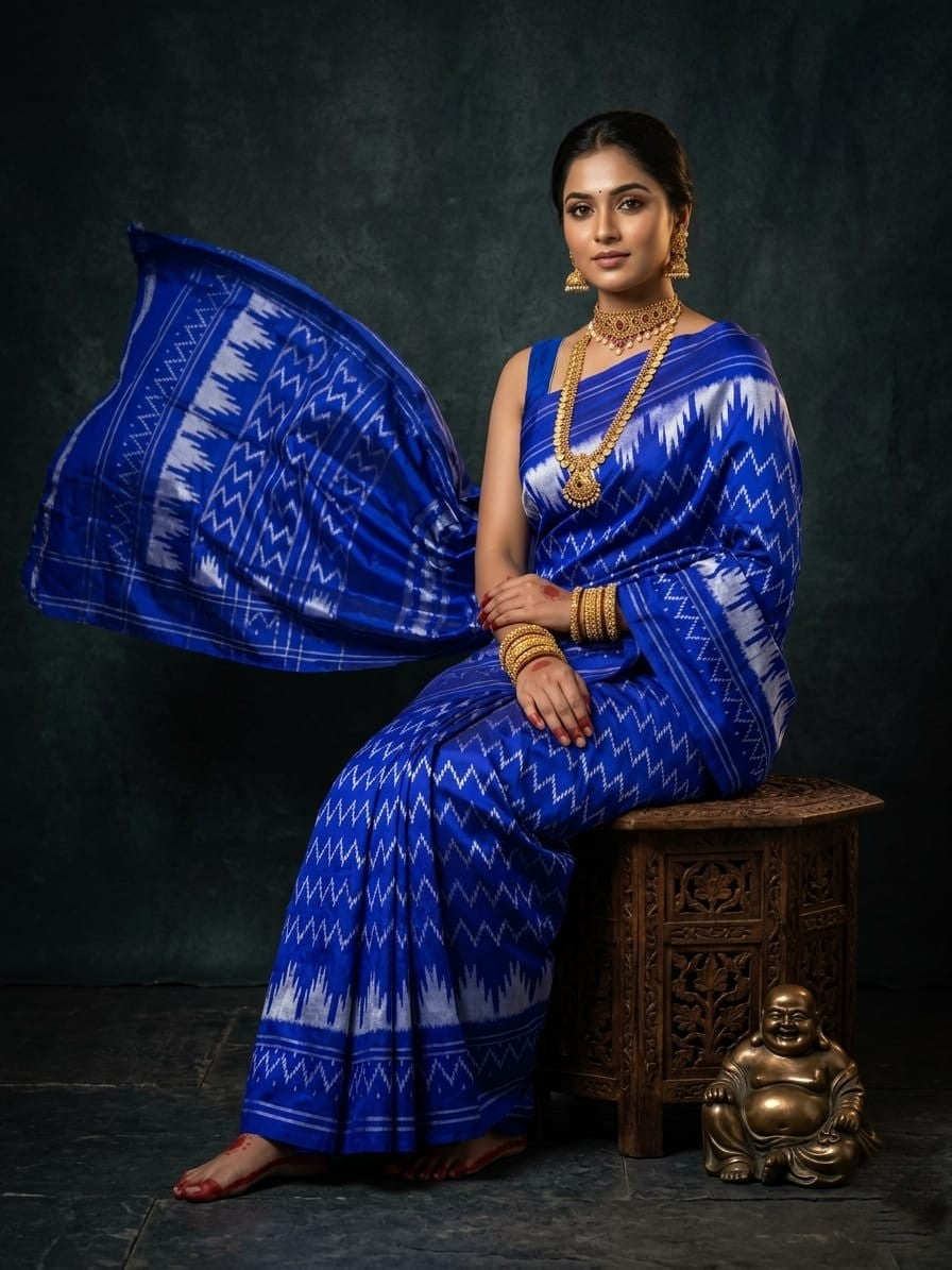 Royal Blue Barista Soft Silks Saree with White Ikat Style Weaving | Premium Collection 2