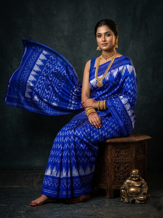 Royal Blue Barista Soft Silks Saree with White Ikat Style Weaving | Premium Collection 2