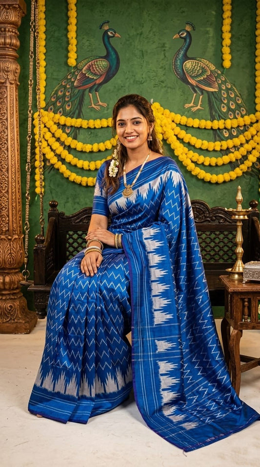 Royal Blue Barista Soft Silks Saree with White Ikat Style Weaving | Premium Collection
