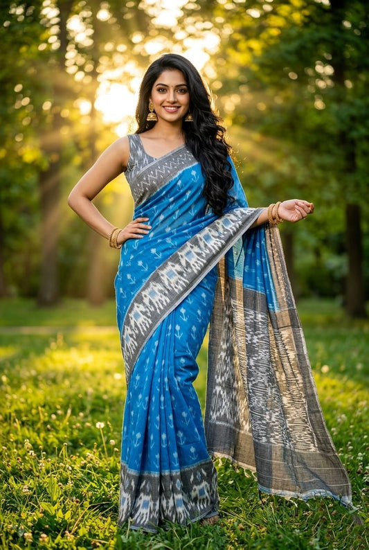 Royal Blue Floral Linen Saree with Silver Border | Designer Party Wear | Premium Collection