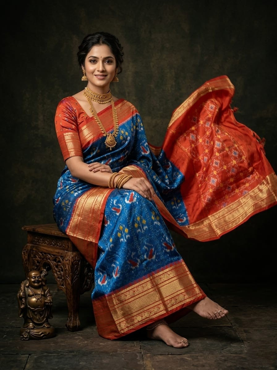 Royal Blue Handloom Pattu Silk Saree with Orange Banarasi Style Border | Premium Collection