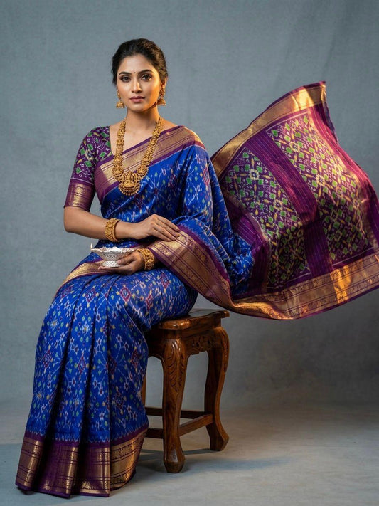 Royal Blue Handloom Pattu Silk Saree with Purple Rich Banarasi Pallu | Premium Collection