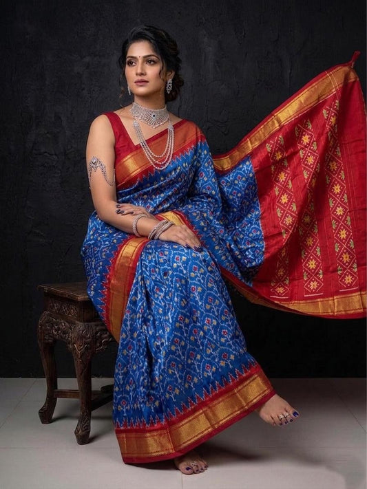 Royal Blue Red Contrast Handloom Kotha Silk Saree | Premium Collection