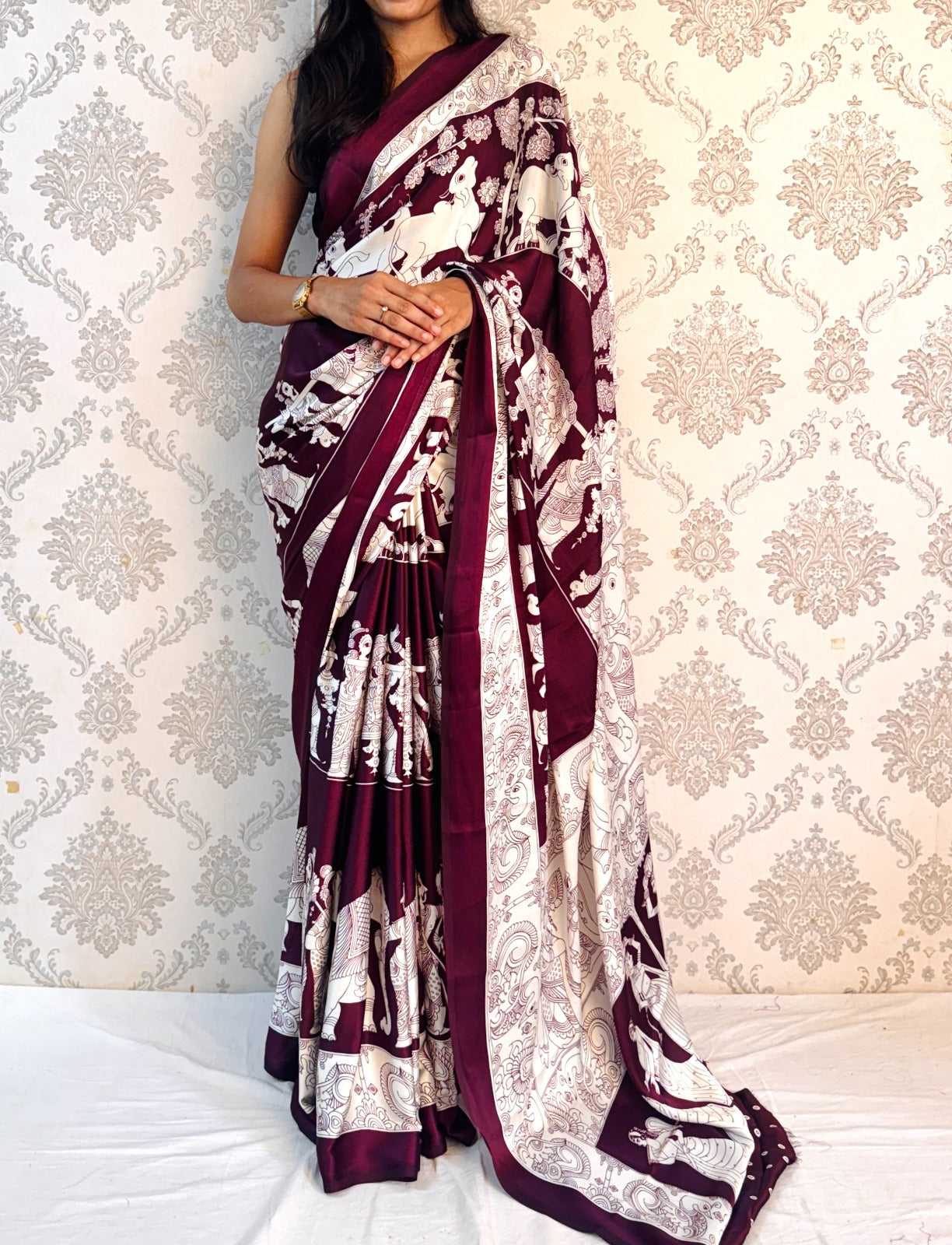 Royal Heritage – Art Satin Silk Saree with Elephant & Horse Print