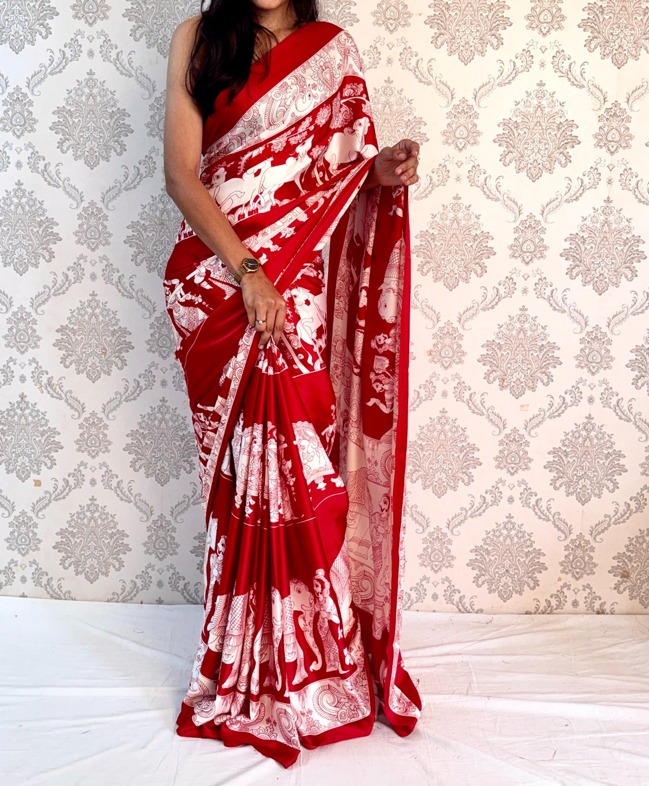 Royal Heritage – Art Satin Silk Saree with Elephant & Horse Print