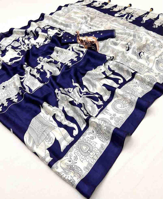 Royal Heritage – Art Satin Silk Saree with Elephant & Horse Print
