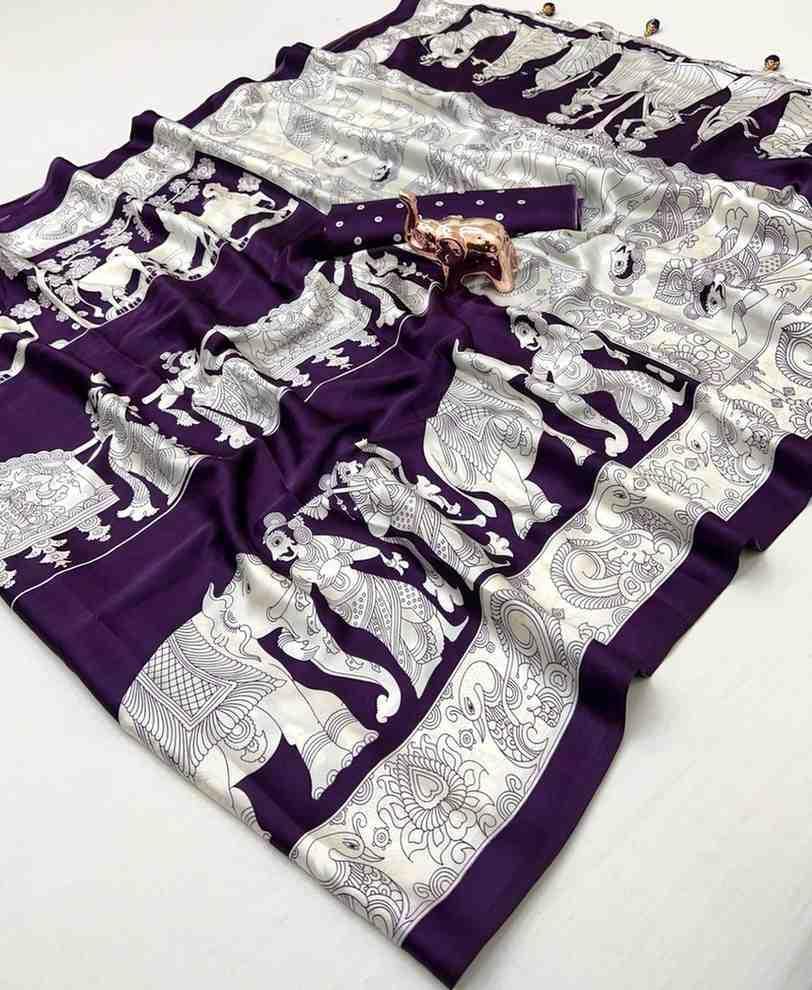 Royal Heritage – Art Satin Silk Saree with Elephant & Horse Print