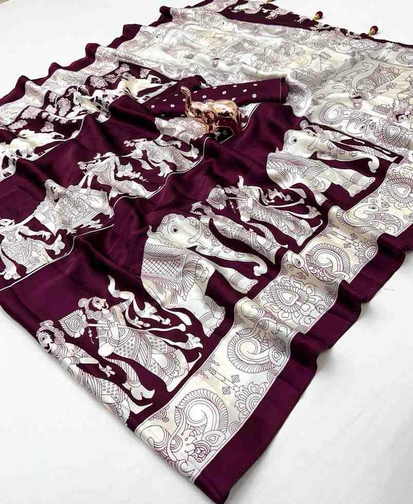 Royal Heritage – Art Satin Silk Saree with Elephant & Horse Print
