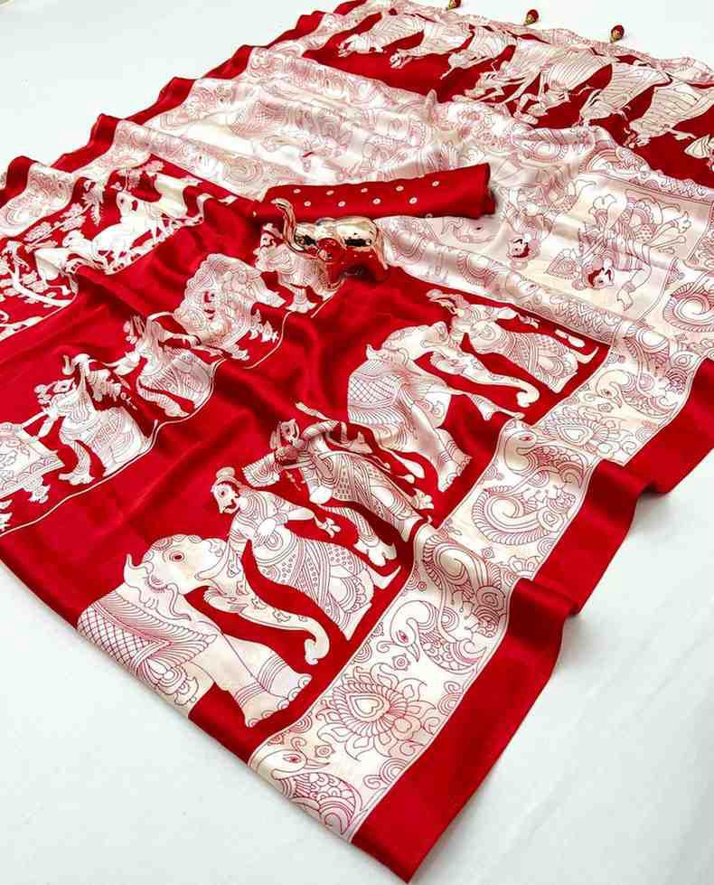 Royal Heritage – Art Satin Silk Saree with Elephant & Horse Print