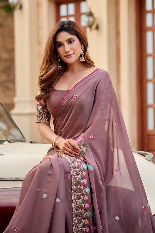 Shikha Rose gold Rangoli Saree | Heavy Butterfly Embroidery