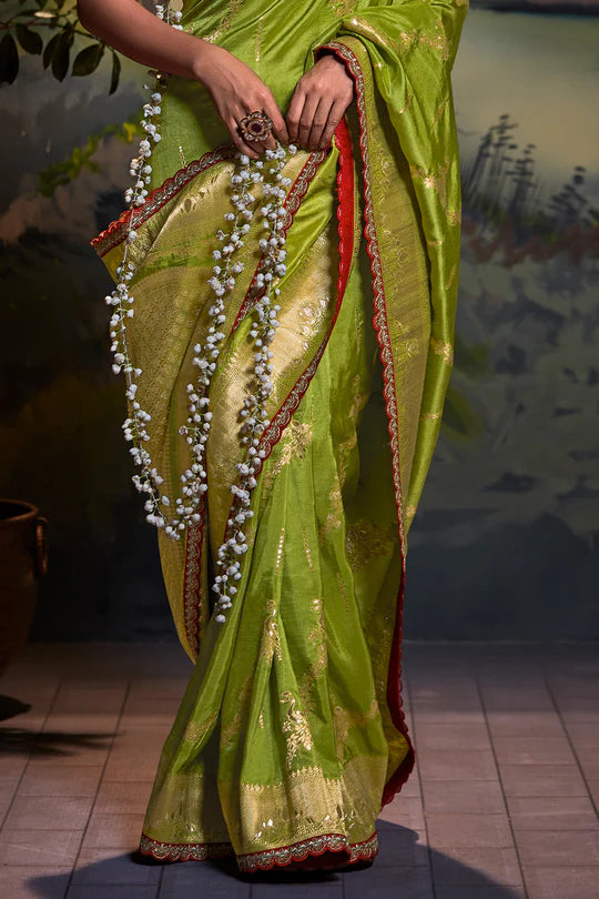 Green Sindhuri Pure Dola Silk Saree | Zari Weave & Pearl Embroidery Border |
