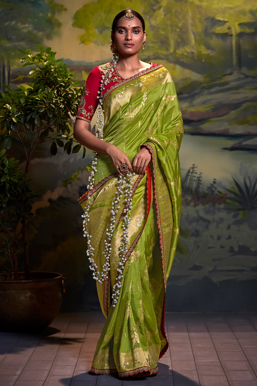 Green Sindhuri Pure Dola Silk Saree | Zari Weave & Pearl Embroidery Border |