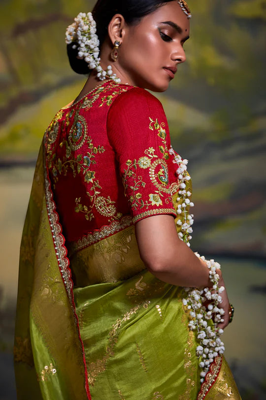 Green Sindhuri Pure Dola Silk Saree | Zari Weave & Pearl Embroidery Border |
