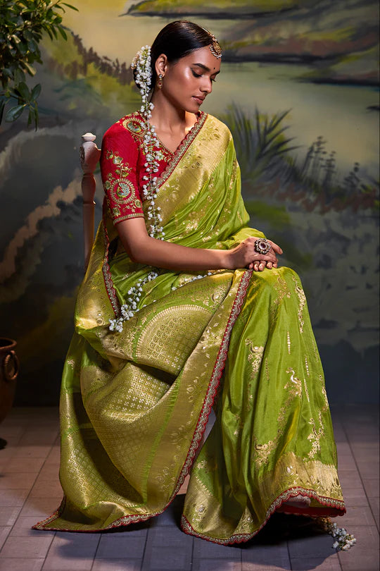Green Sindhuri Pure Dola Silk Saree | Zari Weave & Pearl Embroidery Border |