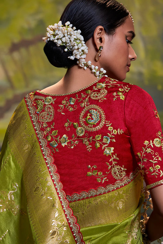 Green Sindhuri Pure Dola Silk Saree | Zari Weave & Pearl Embroidery Border |