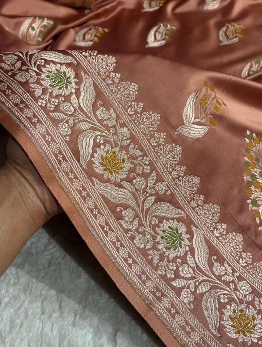Brown Banarasi Handloom Minakari Mashru Silk Saree with Zari Border