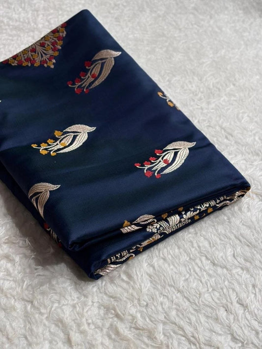 Navy Banarasi Handloom Minakari Mashru Silk Saree with Zari Border