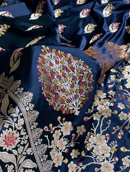 Navy Banarasi Handloom Minakari Mashru Silk Saree with Zari Border