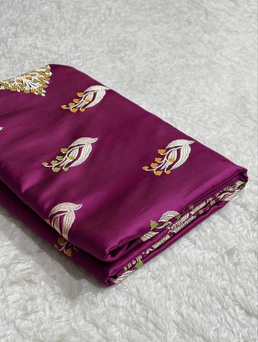 Purple Banarasi Handloom Minakari Mashru Silk Saree with Zari Border
