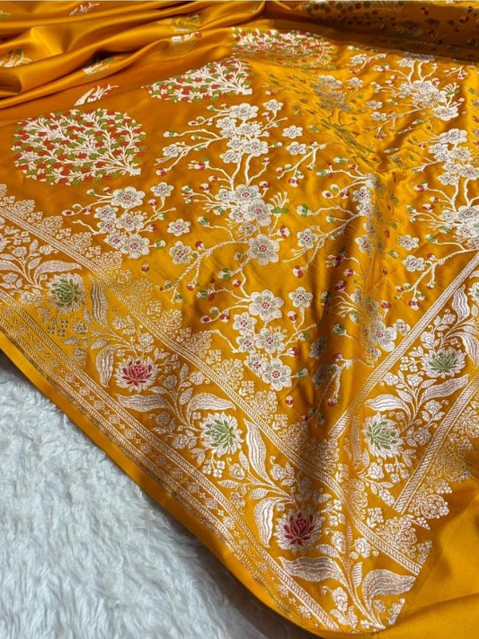 Brown Banarasi Handloom Minakari Mashru Silk Saree with Zari Border