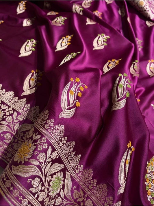 Purple Banarasi Handloom Minakari Mashru Silk Saree with Zari Border