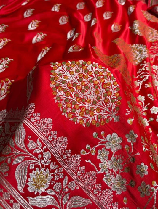 Red Banarasi Handloom Minakari Mashru Silk Saree with Zari Border
