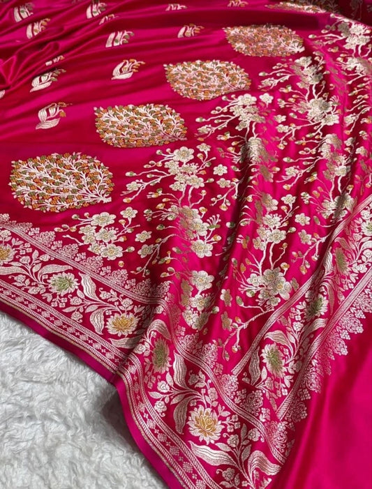 Pink Banarasi Handloom Minakari Mashru Silk Saree with Zari Border