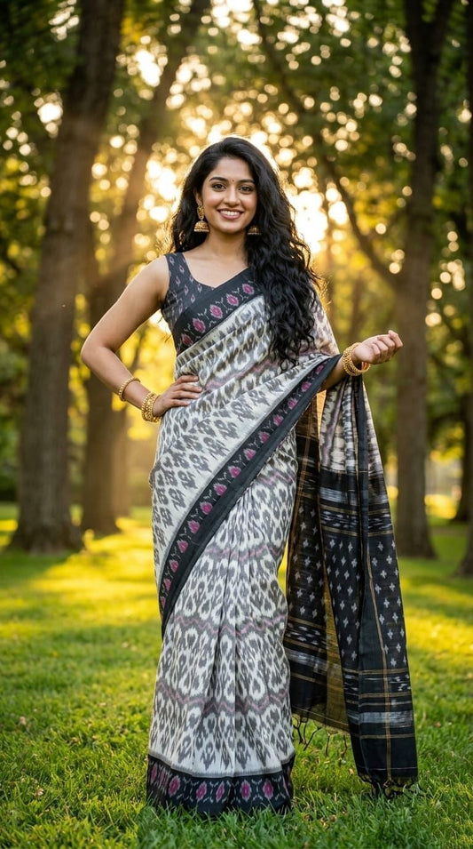 Silver Grey Ikat Linen Saree with Black Border | Handloom Casual Drape | Premium Collection