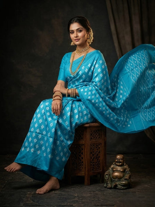 Sky Blue Barista Soft Silks Saree with Elegant Geometric Weaving | Premium Collection