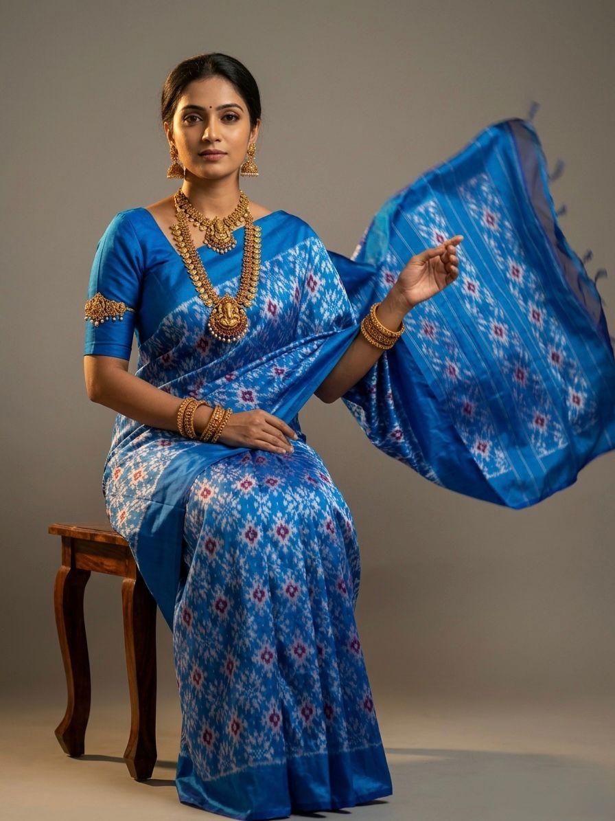 Sky Blue Barista Soft Silks Saree with Floral Designer Print | Premium Collection
