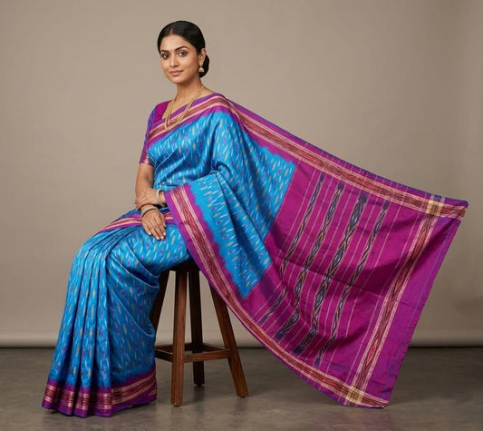 Sky Blue Barista Soft Silks Saree with Pink Contrast Designer Pallu | Premium Collection