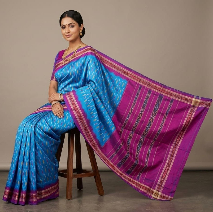 Sky Blue Barista Soft Silks Saree with Pink Traditional Striped Pallu | Premium Collection