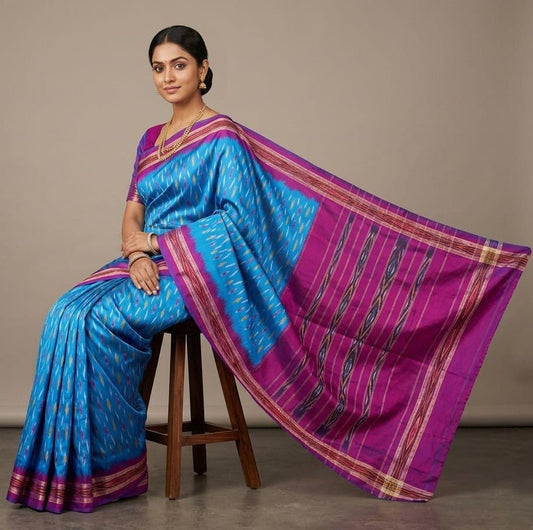 Sky Blue Barista Soft Silks Saree with Pink Traditional Striped Pallu | Premium Collection