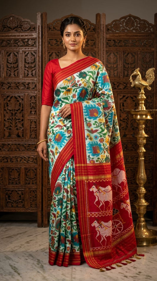 Sky Blue Barista Soft Silks Saree with Red Rich Ethnic Border | Premium Collection