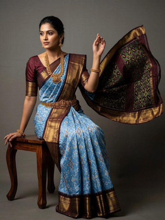 Sky Blue Handloom Pattu Silk Saree with Black Traditional Temple Pallu | Premium Collection