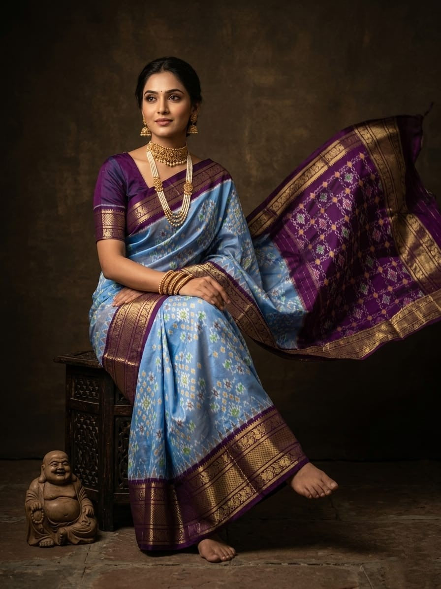 Sky Blue Handloom Pattu Silk Saree with Purple Designer Zari Border | Premium Collection