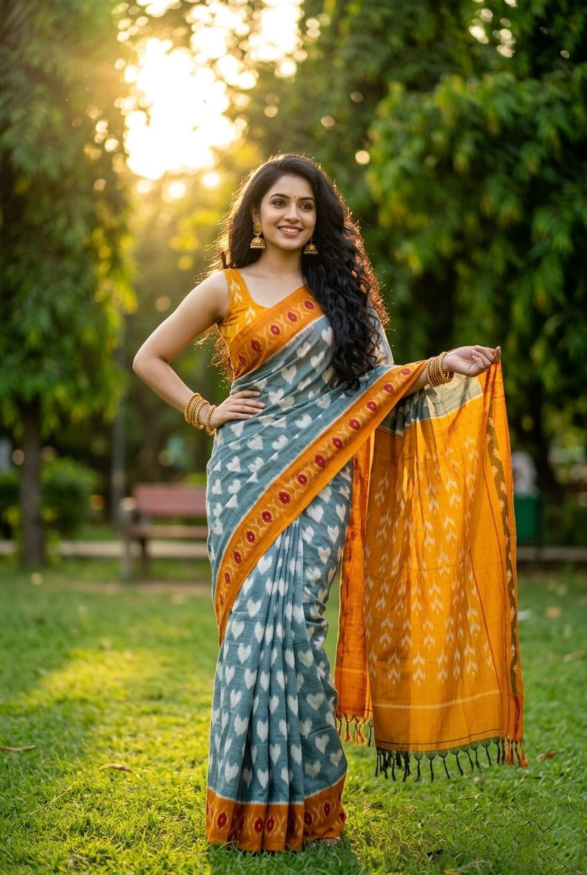 Sky Blue and Mustard Ikat Print Linen Saree | Summer Festive Collection | Premium Collection