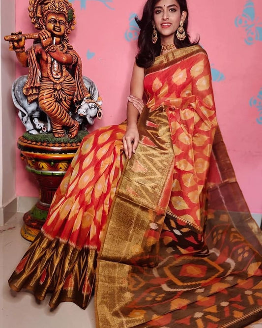 Appealing Ikkat Print Saree In Fancy Soft Silk With Handloom Touch | Premium Collection