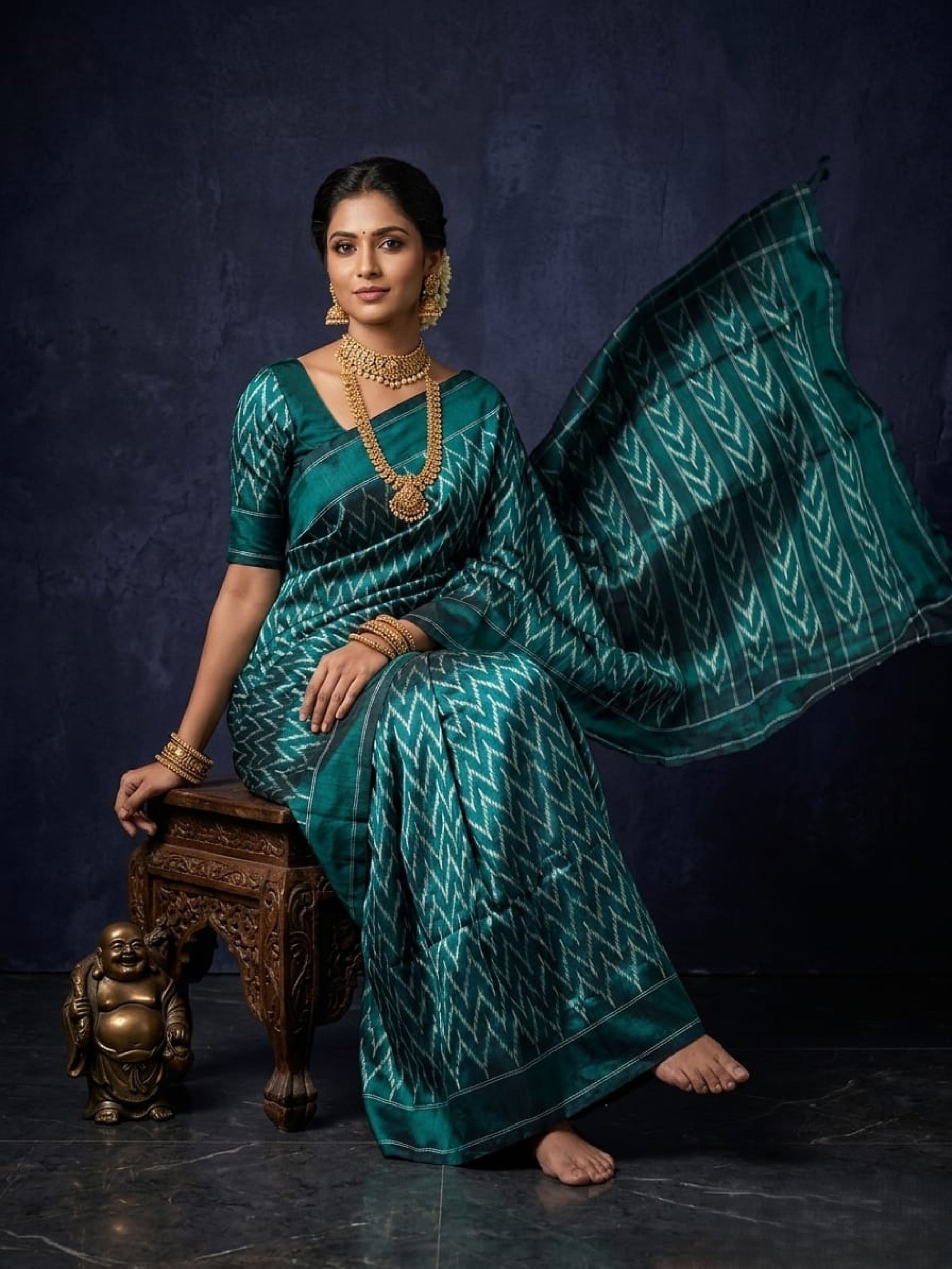Teal Green Barista Soft Silks Saree with Chevron Pattern Designer Pallu | Premium Collection