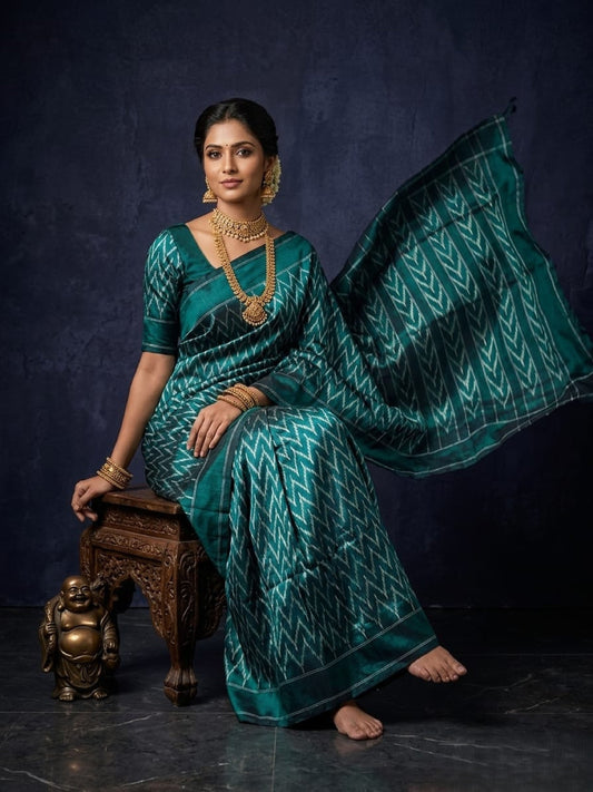 Teal Green Barista Soft Silks Saree with Chevron Pattern Designer Pallu | Premium Collection