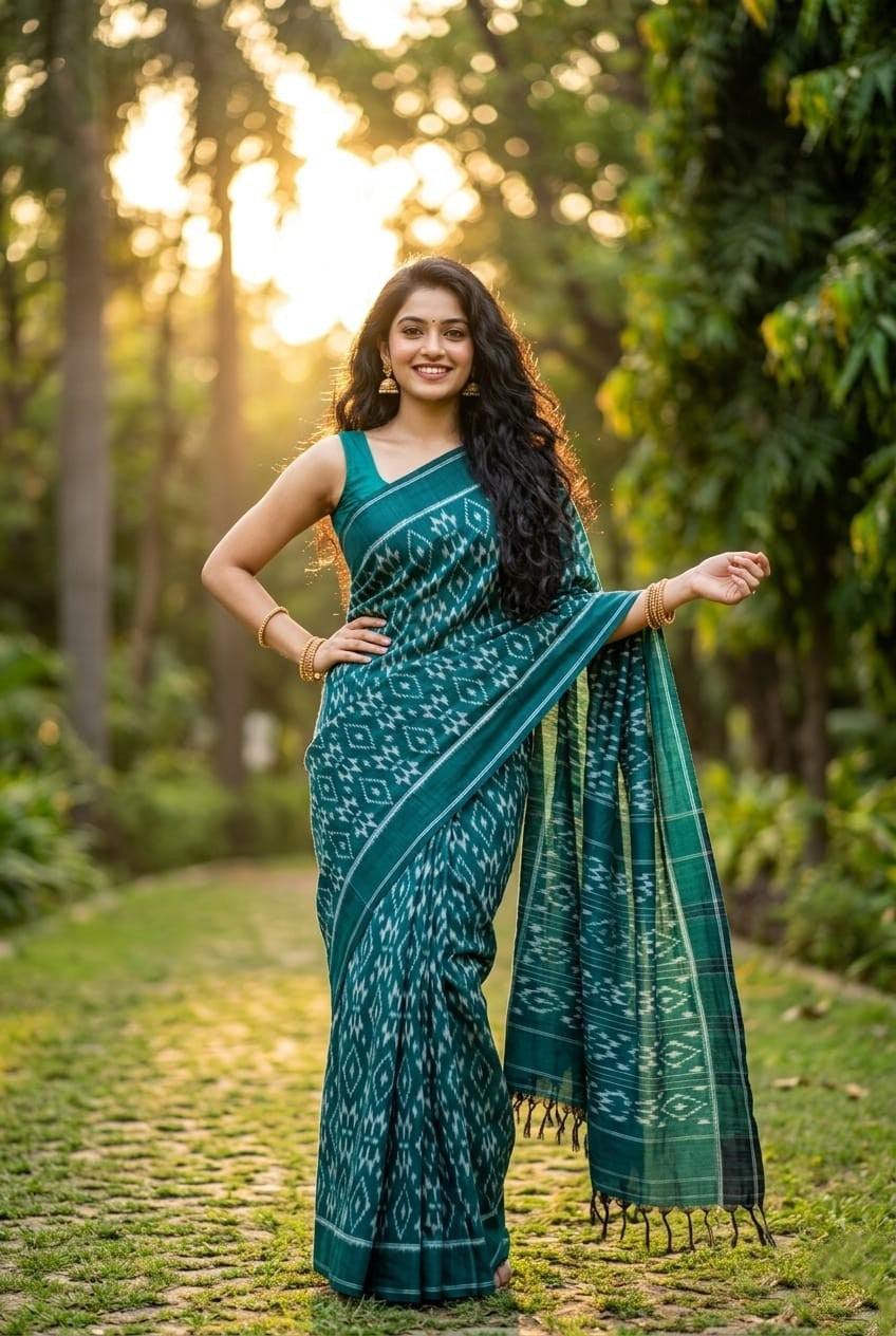Teal Green Floral Woven Linen Saree | Designer Handloom Festive Collection | Premium Collection