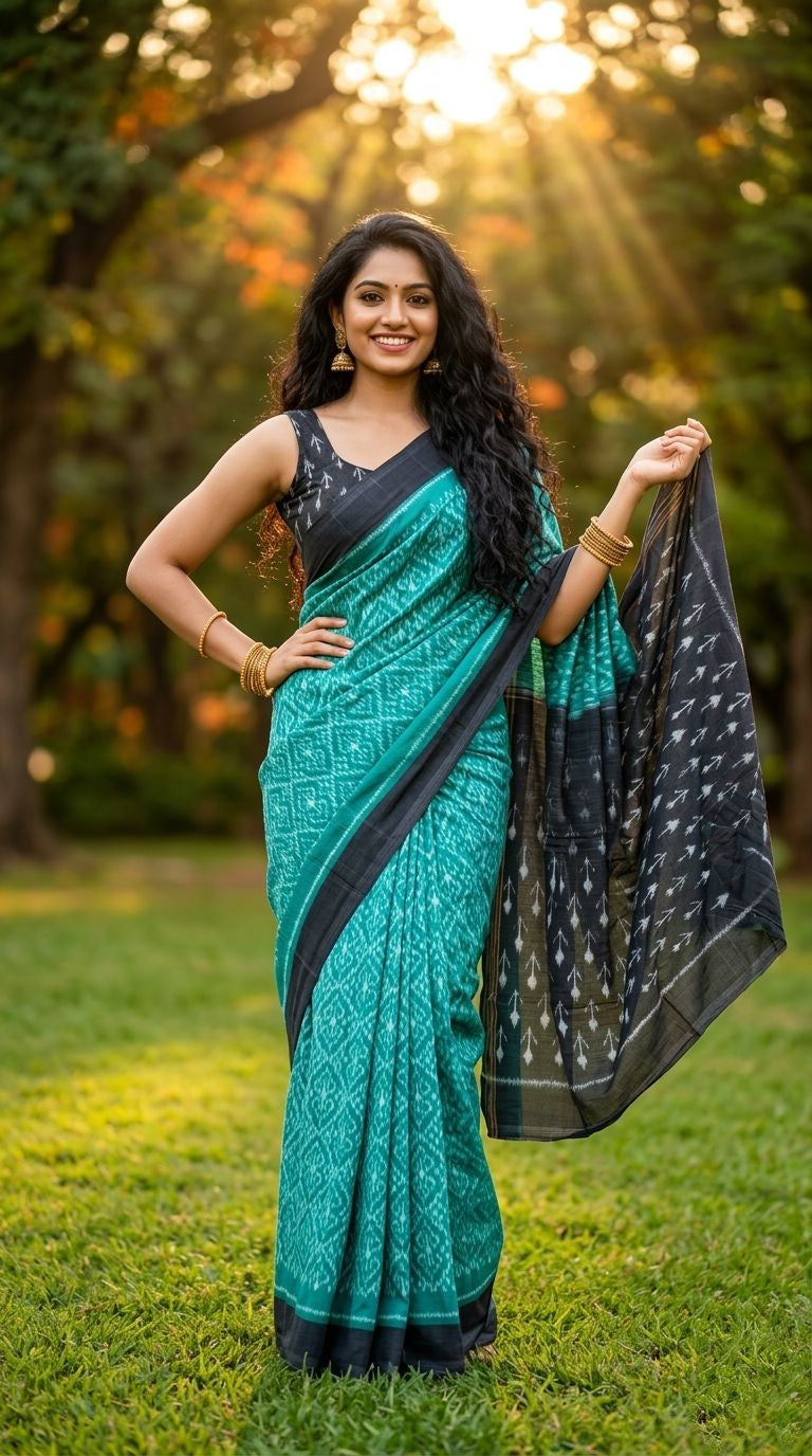 Teal and Black Woven Linen Saree with Contrast Pallu | Office Wear Saree | Premium Collection