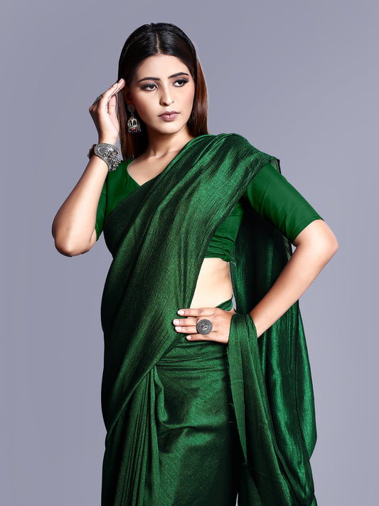 Silk Plain Saree with Matching Blouse - Bottle Green