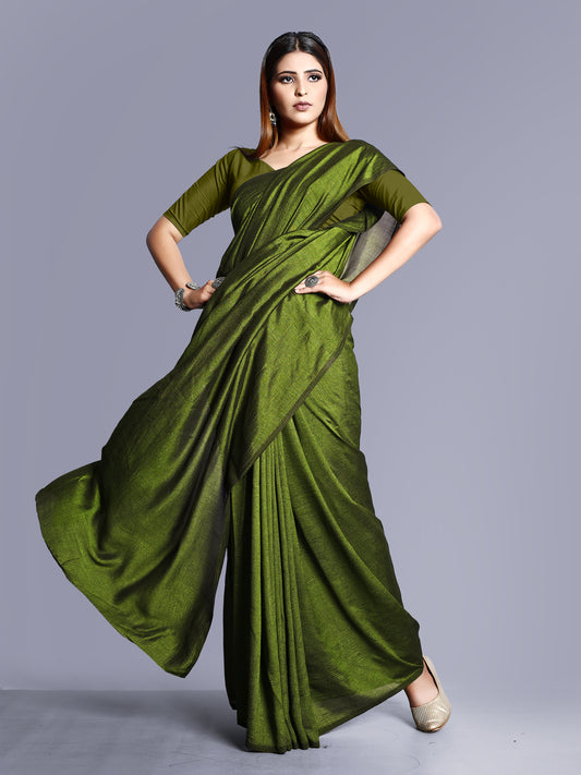 Silk Plain Saree with Matching Blouse - Mehendi