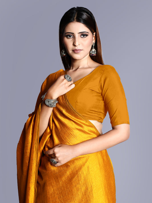 Silk Plain Saree with Matching Blouse - Mustard