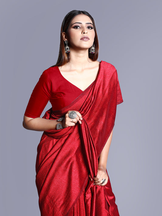 Silk Plain Saree with Matching Blouse - Red