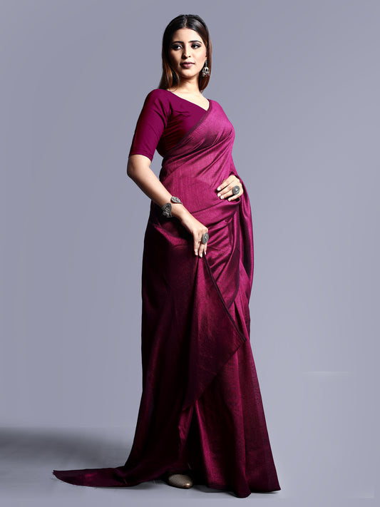 Silk Plain Saree with Matching Blouse - Wine